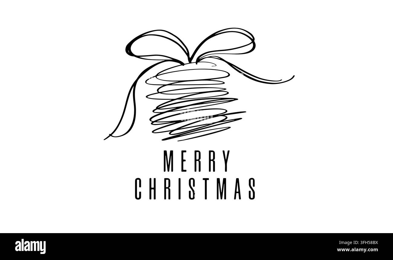 Coffret cadeau dessiné à la main avec ruban et typographie minimaliste sur fond blanc, design de vœux festifs et célébration de Noël Banque D'Images