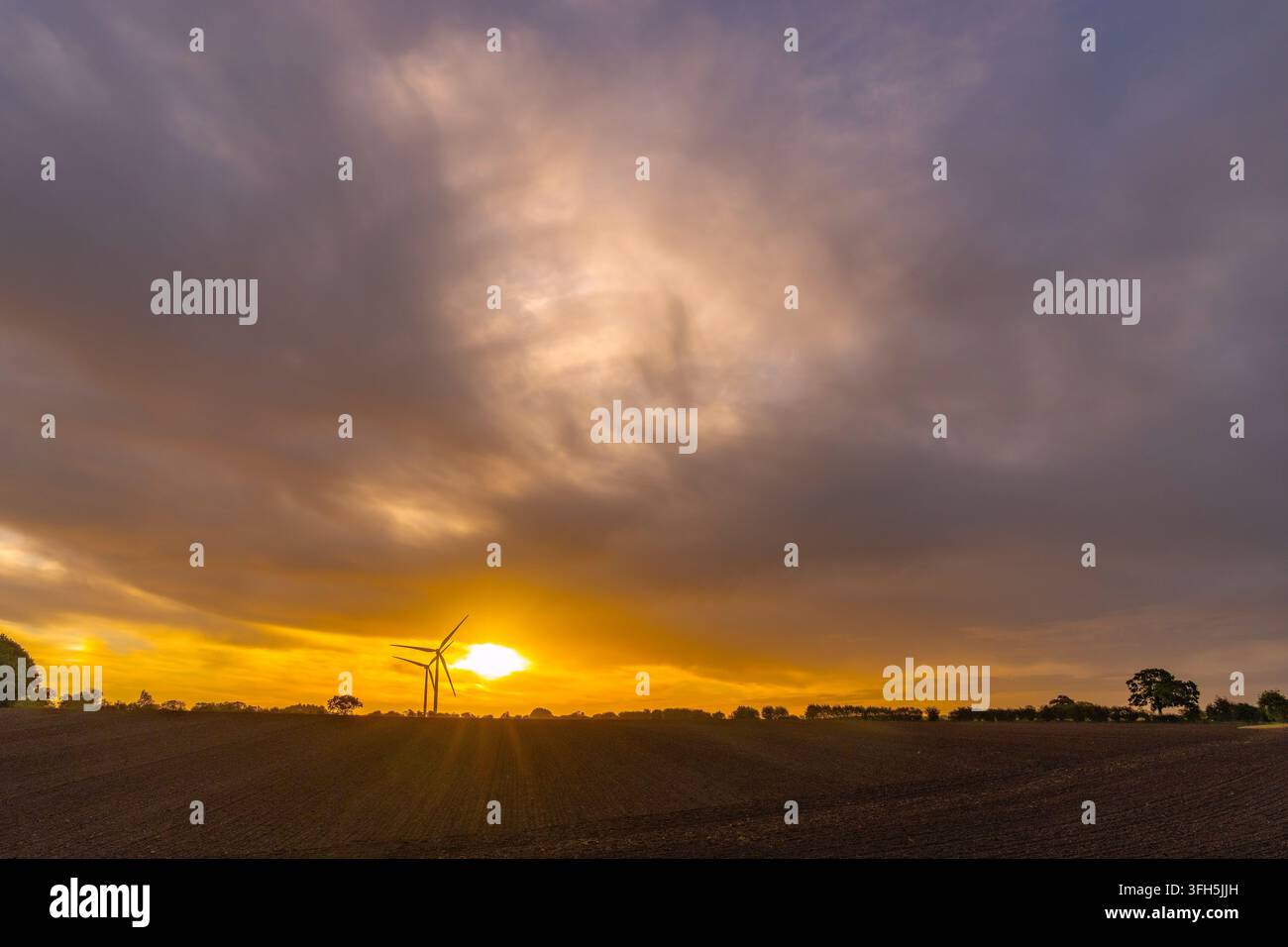 Une vue panoramique large des éoliennes produisant de l'énergie verte sur un champ agricole ondulé au coucher du soleil. Le soleil doré et lumineux perce. Banque D'Images