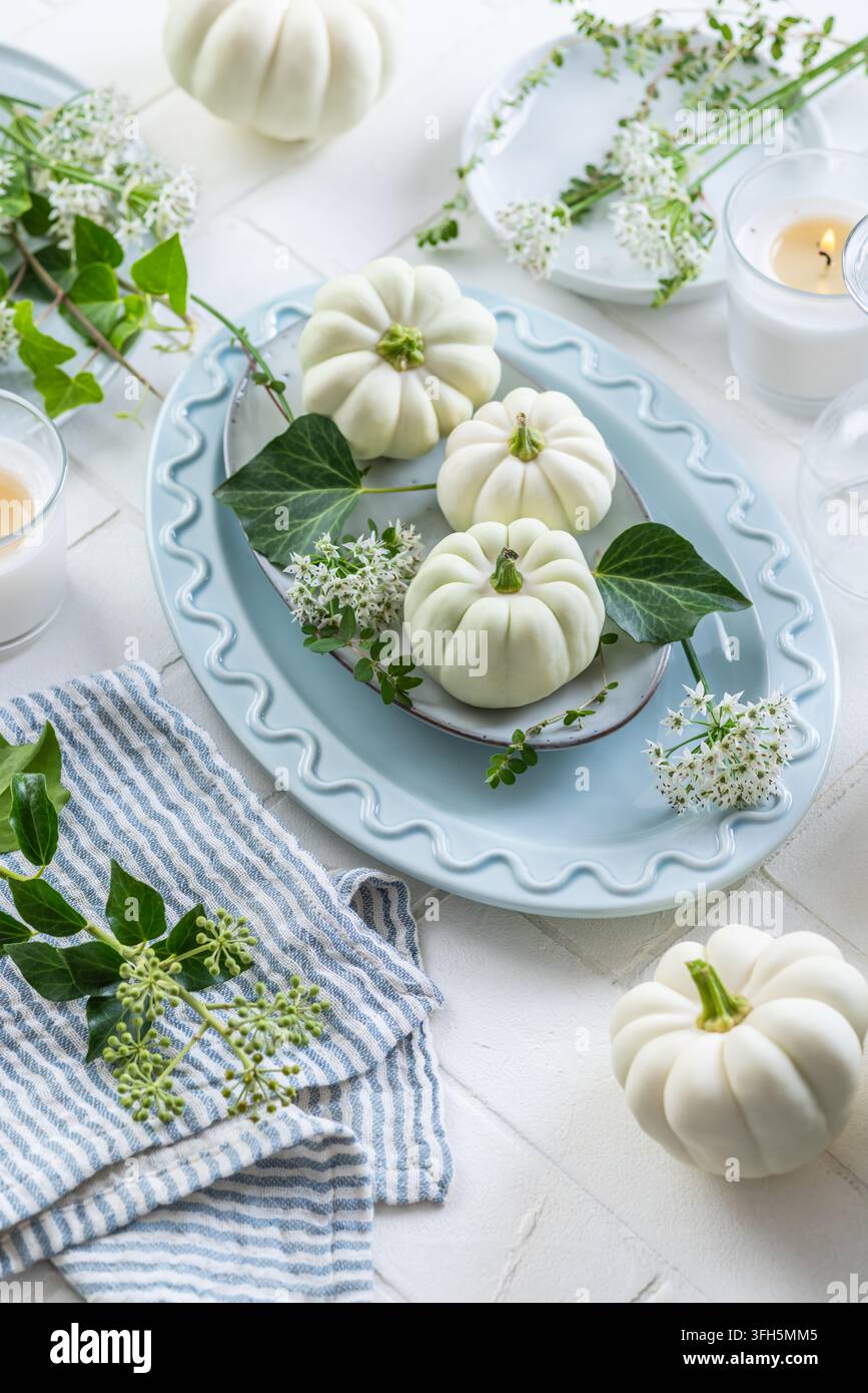 Élégante table d'automne avec des citrouilles blanches et une verdure délicate Banque D'Images