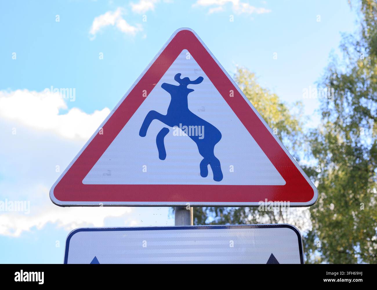 Panneau routier triangulaire avertissant les conducteurs des animaux sauvages traversant la route. Panneau à bordure rouge avec une silhouette de cerf sautant en bleu sur un ciel éclatant et une forêt verte Banque D'Images