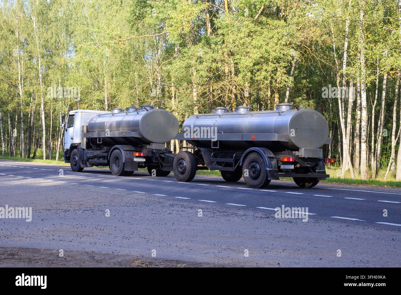 Camion-citerne à lait avec réservoirs doubles circulant sur une autoroute avec vue sur des bouleaux, transportant des produits alimentaires liquides dans un cadre champêtre. Banque D'Images