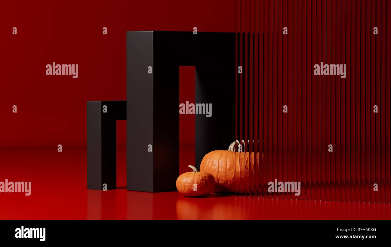 Deux citrouilles orange à côté de cadres géométriques noirs et de verre cannelé dans une nature morte minimaliste d'Halloween rouge audacieuse. Banque D'Images