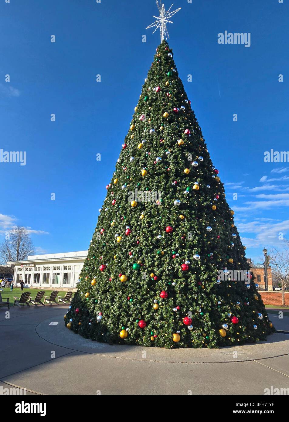 Grand sapin de Noël en plein air décoré d'ornements colorés rouges, dorés, verts et argentés et surmonté d'une étoile brillante sur une place publique par une journée ensoleillée - Image de stock capturée avec un smartphone
