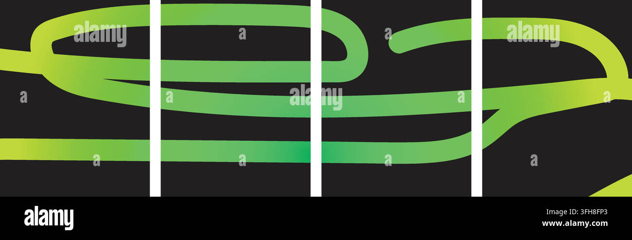 Fond abstrait présentant des lignes et courbes fluides vert néon vibrant sur un fond noir uni, parfait pour les projets de conception numérique modernes. Illustration de Vecteur