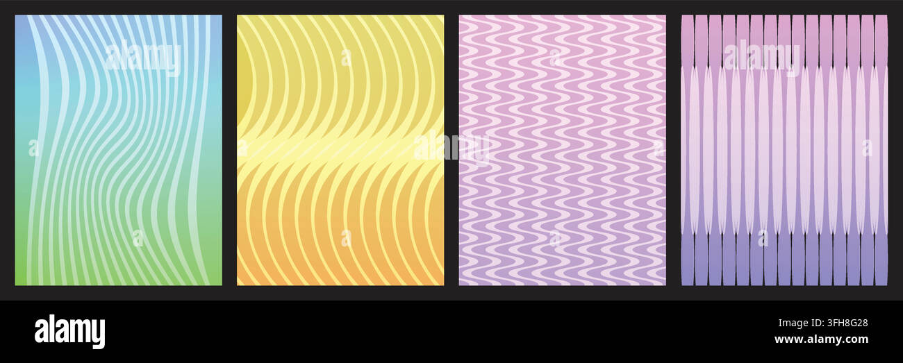 Une collection de quatre arrière-plans vectoriels abstraits présentant des lignes ondulées douces et des motifs à rayures verticales avec des dégradés colorés, parfaits pour modernes Illustration de Vecteur