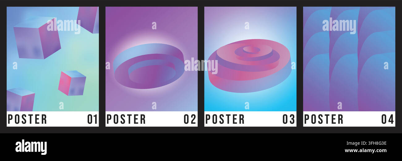Une collection de quatre affiches modernes mettant en vedette des éléments géométriques en 3D tels que des cubes et des formes circulaires avec un dégradé lisse et vibrant de violet et de bleu Illustration de Vecteur