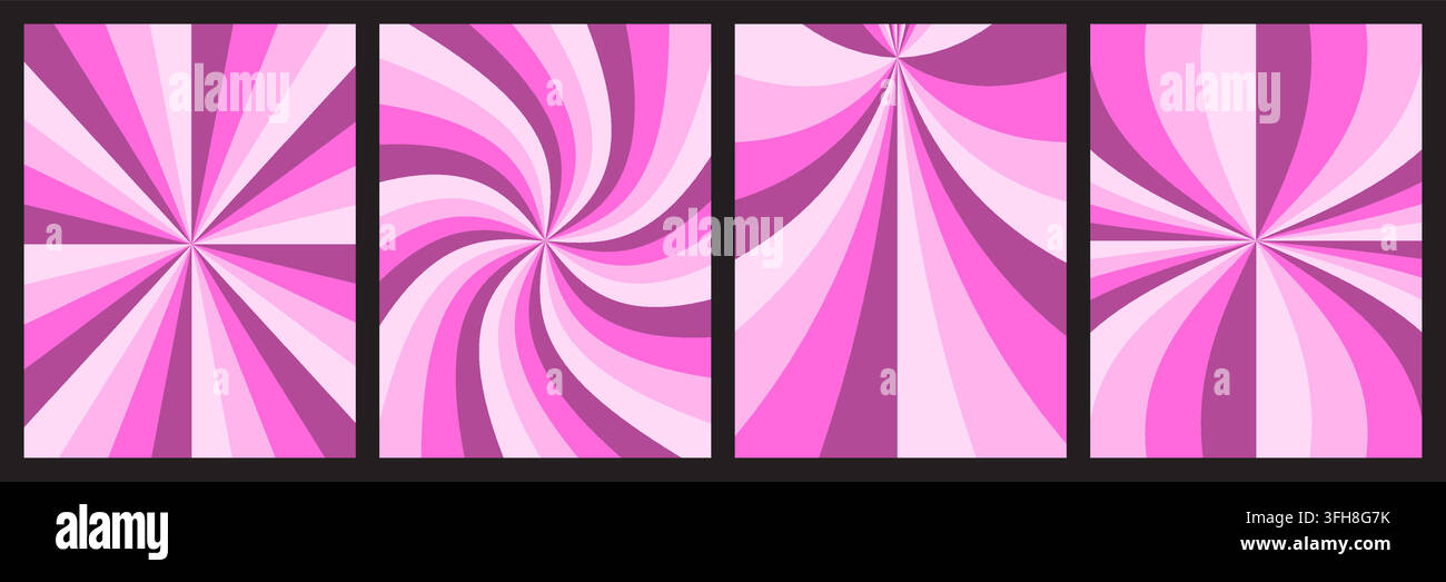 Collection de quatre motifs de fond radiaux rose vif présentant des designs géométriques de rayons solaires droits, tourbillonnants et déformés pour une graphisme créatif Illustration de Vecteur
