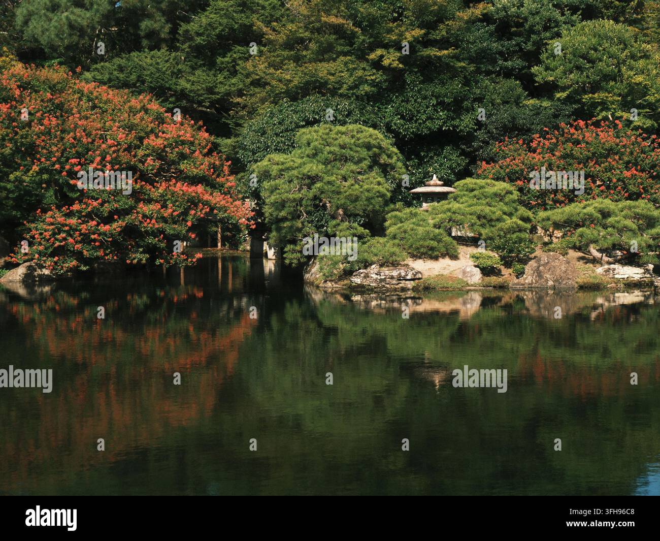 Jardin japonais traditionnel avec étang et arbres taillés à Kyoto Gyoen, Kyoto, Japon Banque D'Images