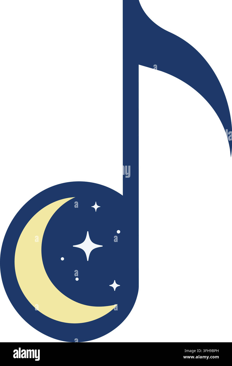 Illustration plate d'une note de musique bleu foncé de grande taille avec une lune croissante jaune et de petites étoiles blanches étincelantes à l'intérieur de la base arrondie Illustration de Vecteur