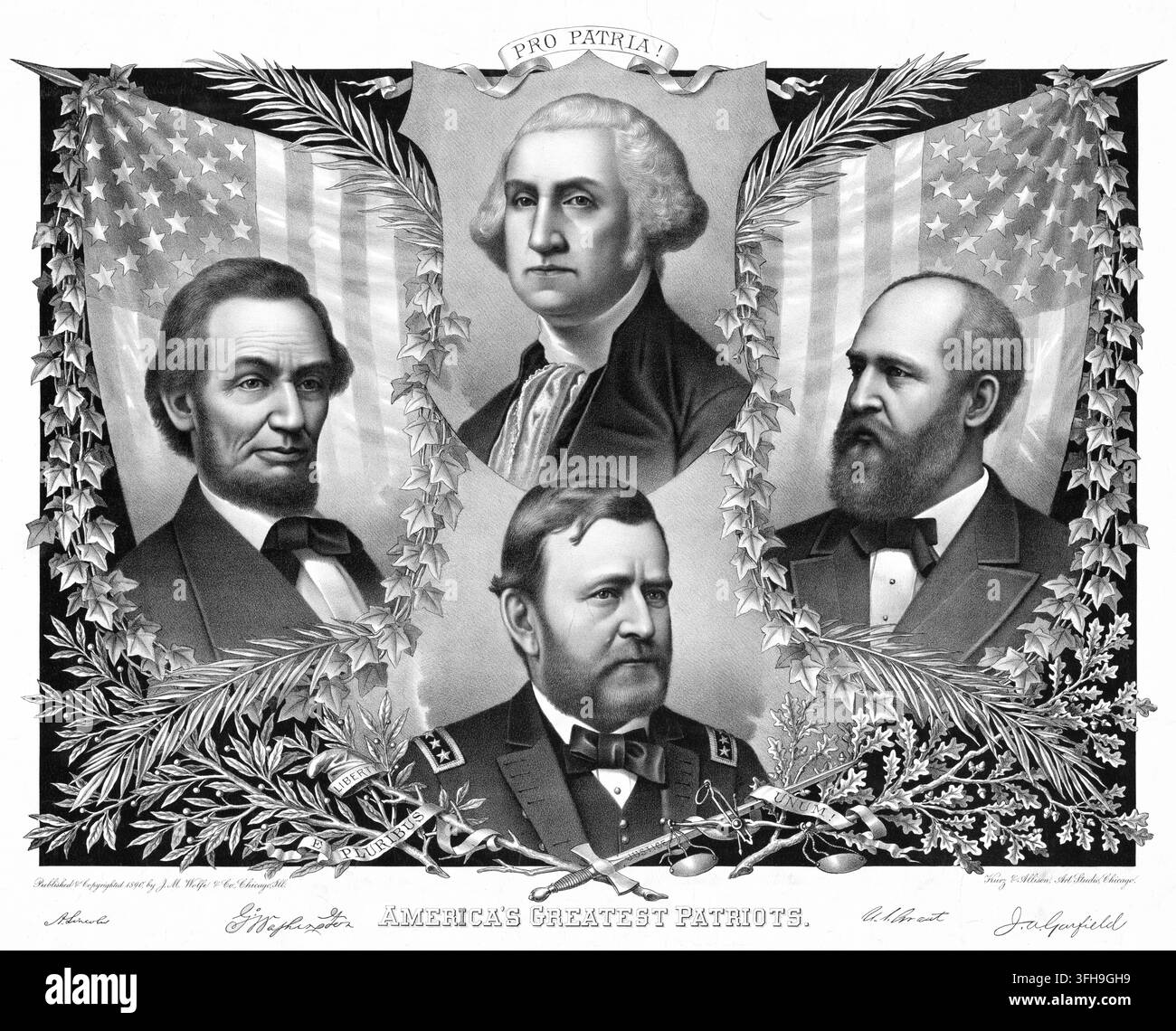 Les plus grands patriotes d'Amérique, vers 1890, publié par l'agence publicitaire artistique de Chicago Kurz & Allison. Il représente les quatre présidents américains et les leaders historiques George Washington (en haut), Abraham Lincoln (à gauche), Ulysses S. Grant (en bas) et James A. Garfield (à droite). Histoire américaine, authentique, reproduction restaurée numériquement d'un original du XIXe siècle, date exacte de la représentation inconnue. Historique Banque D'Images