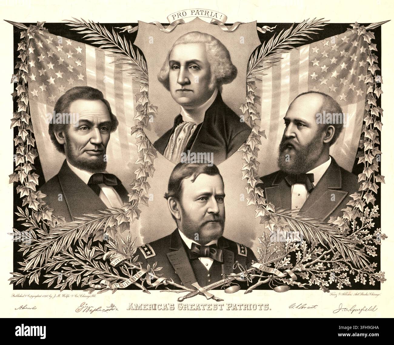 Les plus grands patriotes d'Amérique, vers 1890, publié par l'agence publicitaire artistique de Chicago Kurz & Allison. Il représente les quatre présidents américains et les leaders historiques George Washington (en haut), Abraham Lincoln (à gauche), Ulysses S. Grant (en bas) et James A. Garfield (à droite). Histoire américaine, authentique, reproduction restaurée numériquement d'un original du XIXe siècle, date exacte de la représentation inconnue. Historique Banque D'Images
