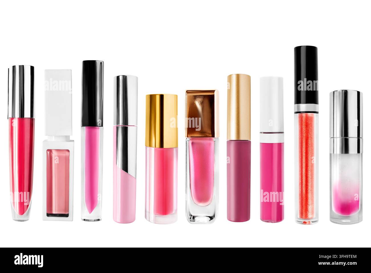 Collection de tubes de gloss à lèvres isolés sur fond blanc Banque D'Images