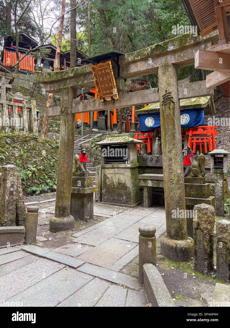 Torii en pierre érodé et statues de gardiens renards kitsune avec bavoirs rouges au Fushimi Inari Taisha à Kyoto, Japon. Banque D'Images