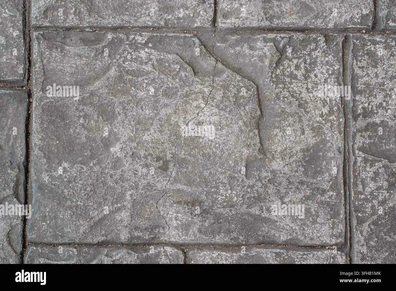 Vue en contre-plongée de dalles de pavage en béton estampé gris texturé avec une fissure de surface visible. Banque D'Images