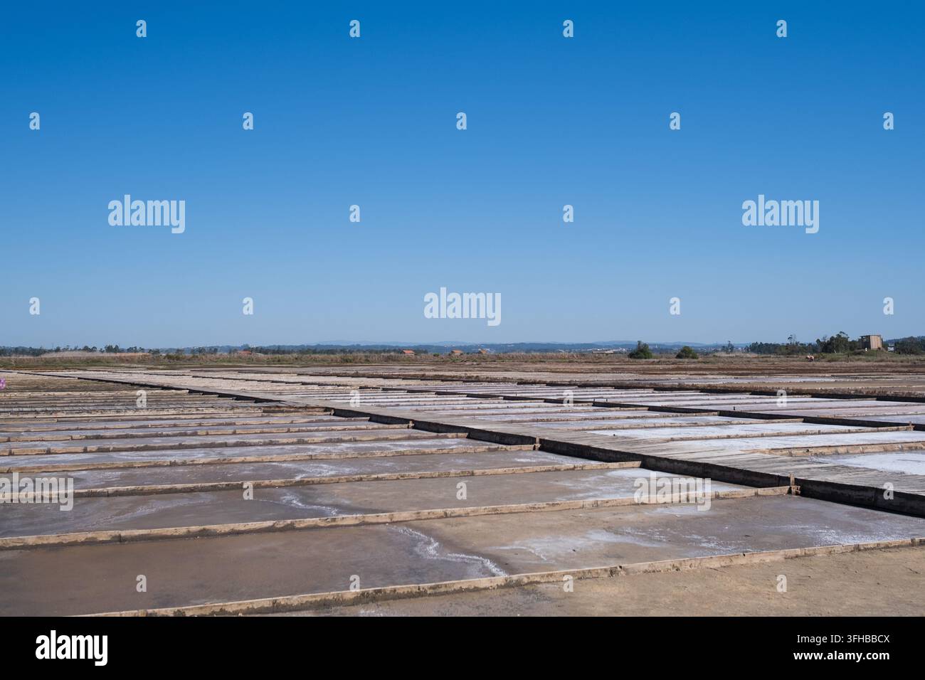 Marais salants avec bassins d'évaporation et bordures en bois sous un ciel bleu clair Banque D'Images