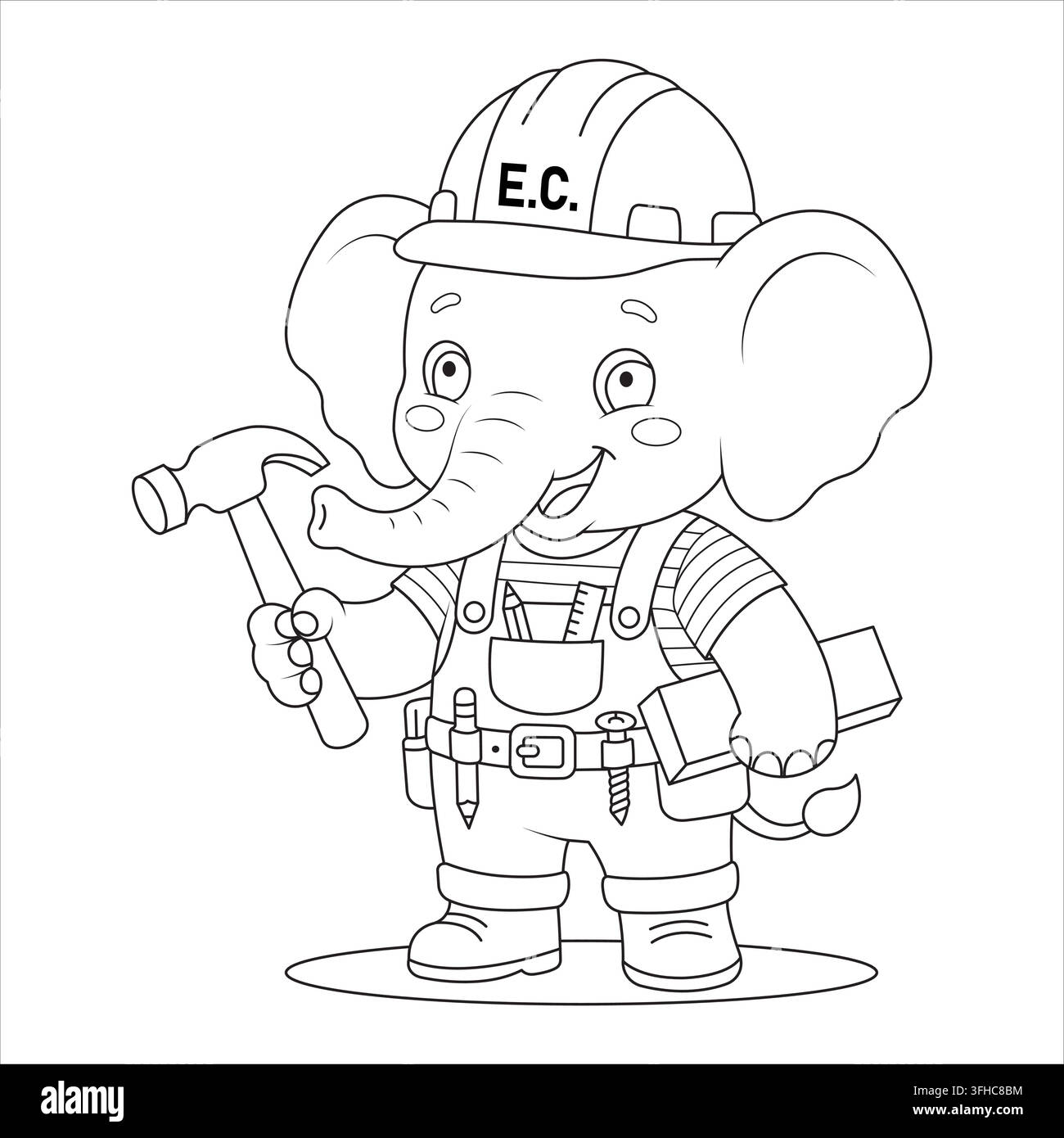Ouvrier du bâtiment avec marteau tenant un éléphant, un outil et une planche de bois dans un casque de chantier Illustration de Vecteur
