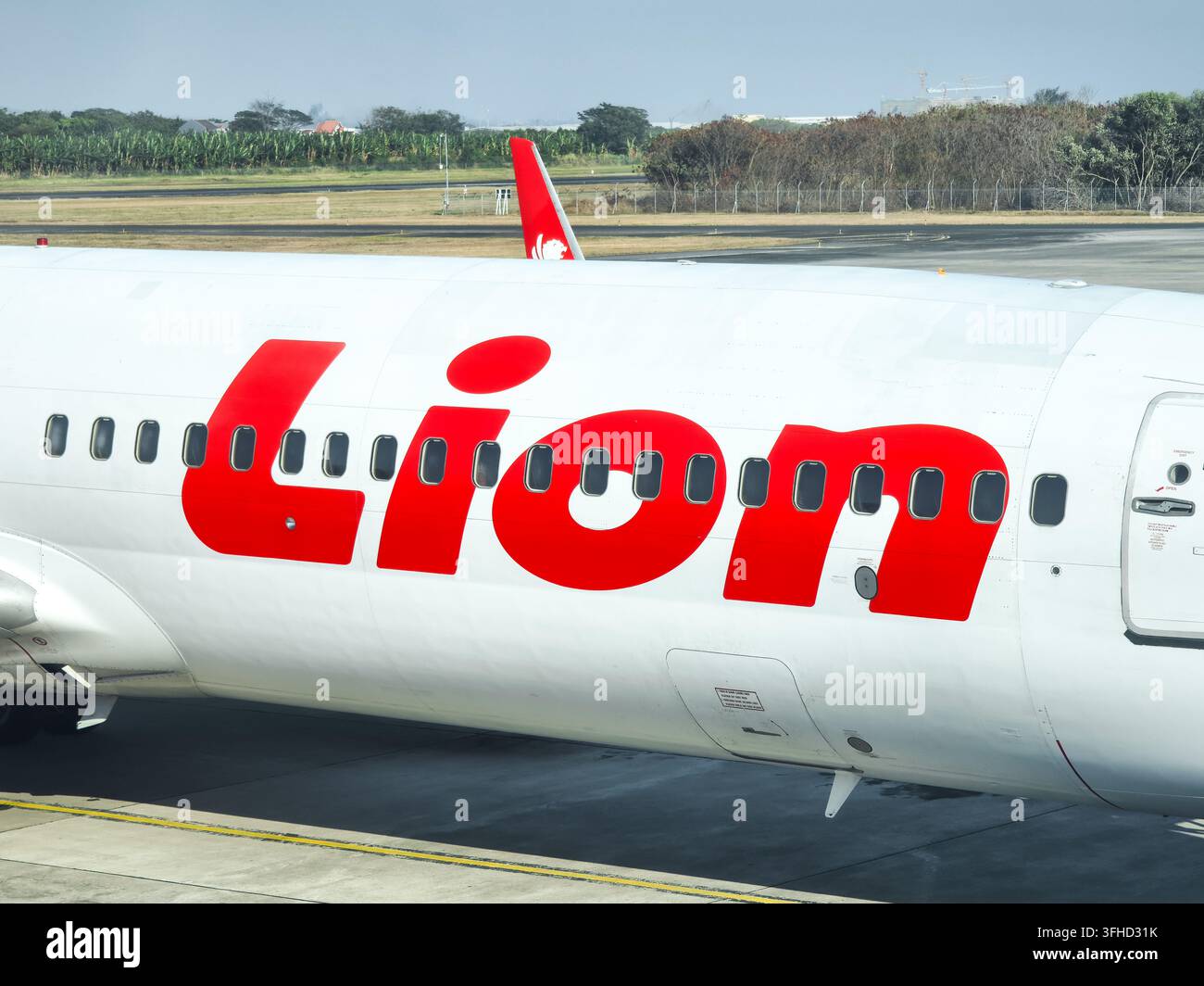 Close-up d'un avion de ligne Lion Air arborant le logo rouge distinct de la compagnie peint sur le fuselage blanc Banque D'Images