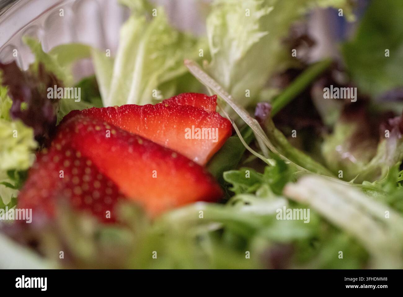 Une photographie macro détaillée capturant des tranches de fraises rouges vives et mûres reposant sur un lit de salade verte mélangée. Banque D'Images
