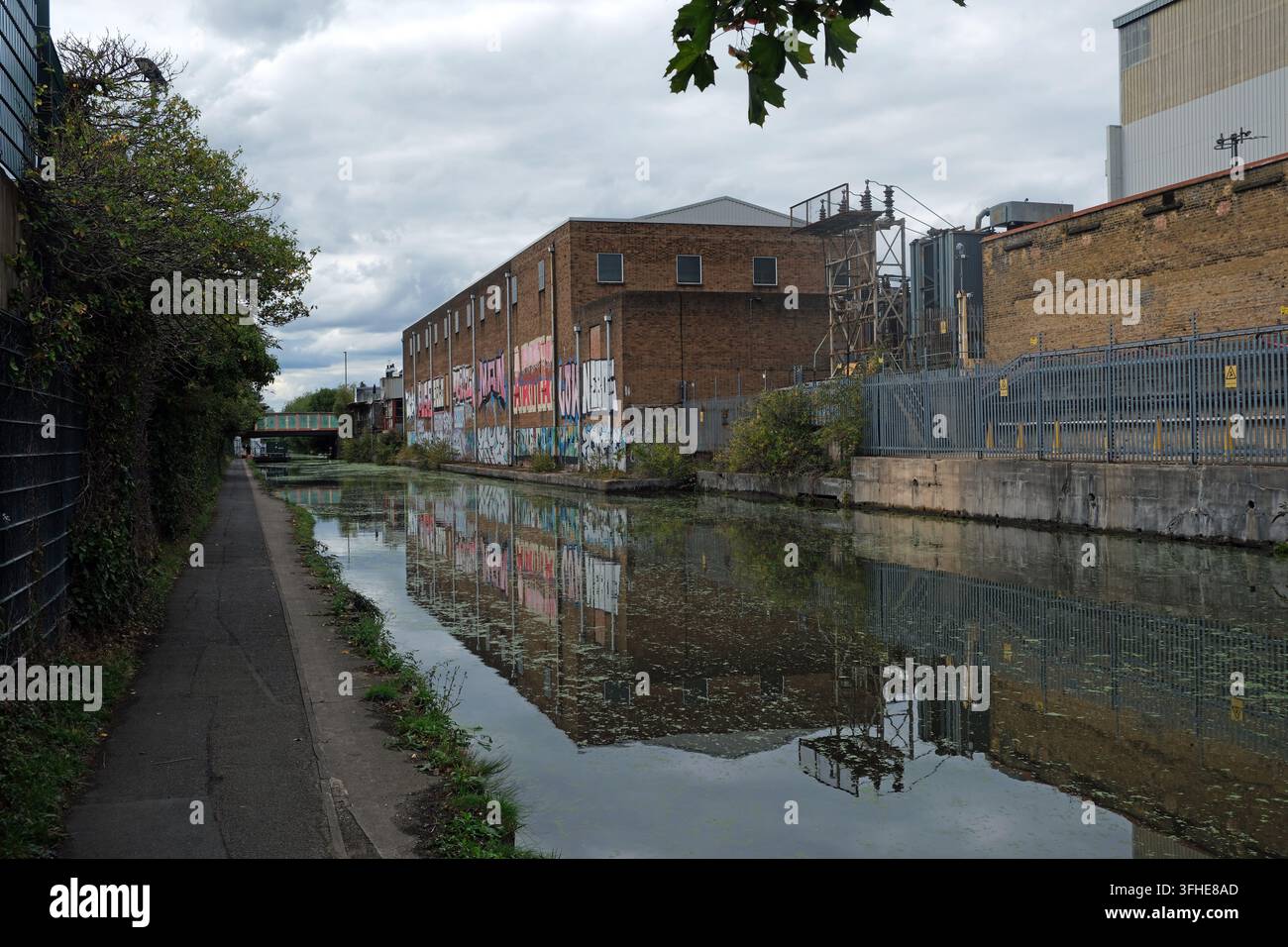 Un mur de briques couvert de tags de graffitis urbains au-dessus d'un canal tacheté d'algues avec des reflets d'eau miroir Grand Union Canal, North Acton Angleterre UK Banque D'Images