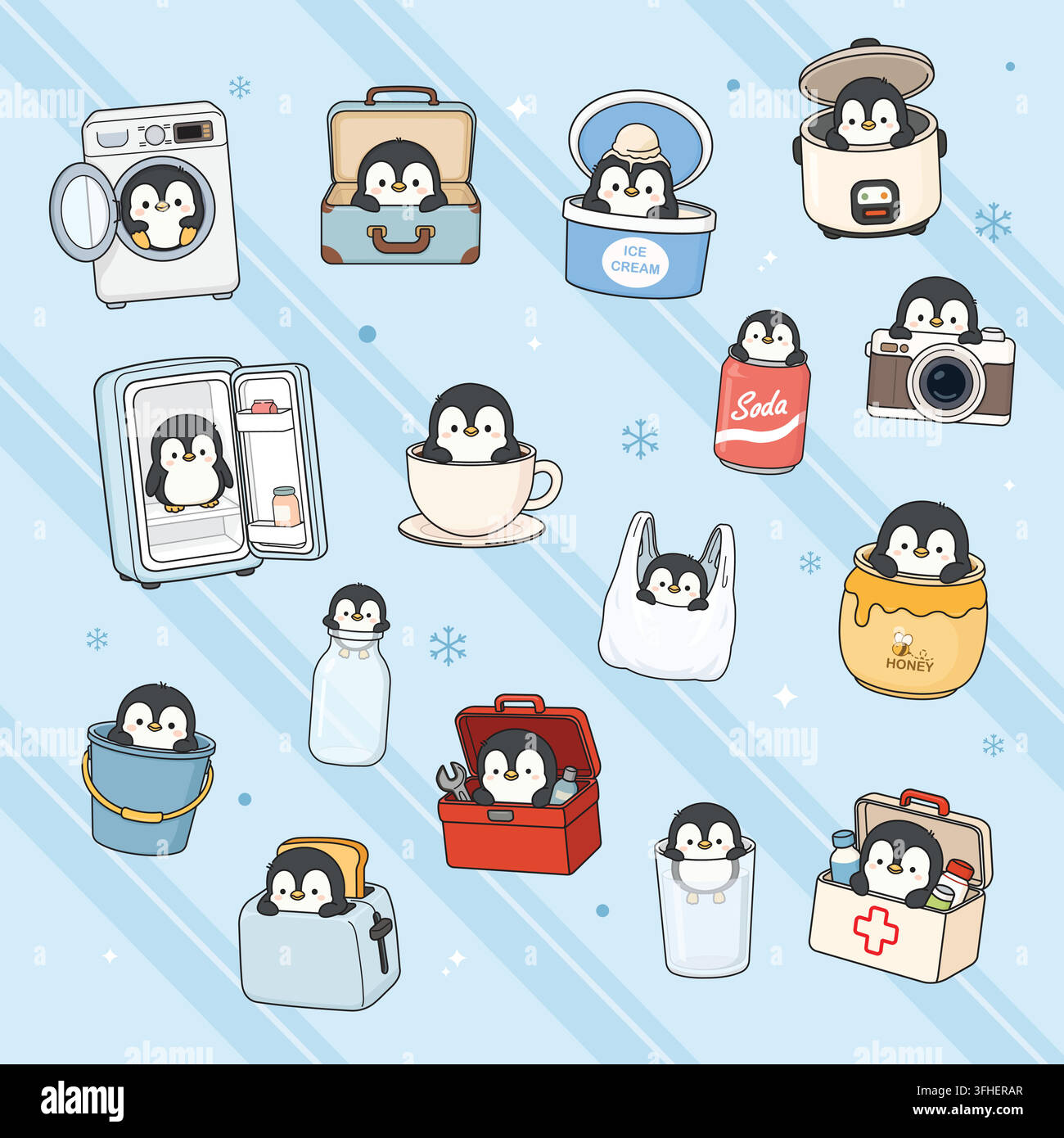 Personnages mignons de pingouins kawaii interagissant avec des objets du quotidien, ensemble de cliparts Illustration de Vecteur