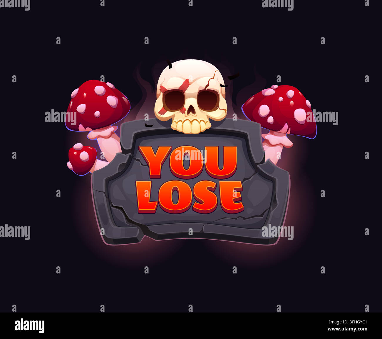 Icône de perte dans un jeu d'arcade Halloween en style cartoon avec tablette de pierre, crâne fissuré, champignons rouges et fumée flottante. Badge d'échec pour application mobile Halloween Illustration de Vecteur