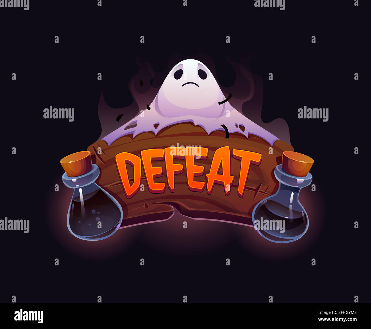 Icône de défaite en dessin animé représentant un personnage fantôme triste dépassant une bannière en bois avec des bouteilles de potion. Badge de fin de partie pour jeu de casino d'Halloween en arcade Illustration de Vecteur