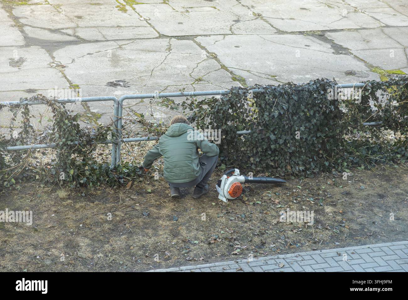 Un gardien de terrain accroupi près d'une barrière en grillage métallique nettoie les feuilles mortes et les débris avec des équipements électriques, démontrant ainsi un soin diligent de la propriété dans un c bien rangé Banque D'Images