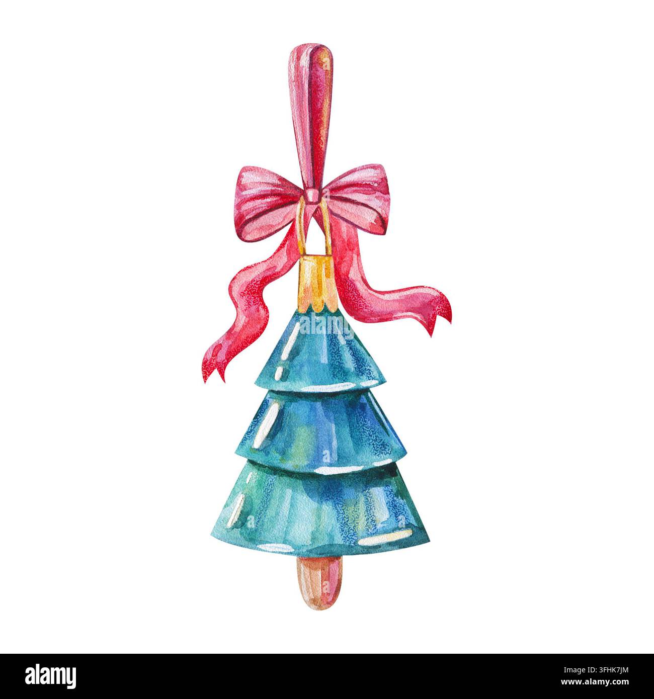 Illustration aquarellée d'un ornement de sapin de Noël en verre bleu vintage avec un nœud rose élégant. Excellent pour la papeterie saisonnière, les produits festifs pa Banque D'Images