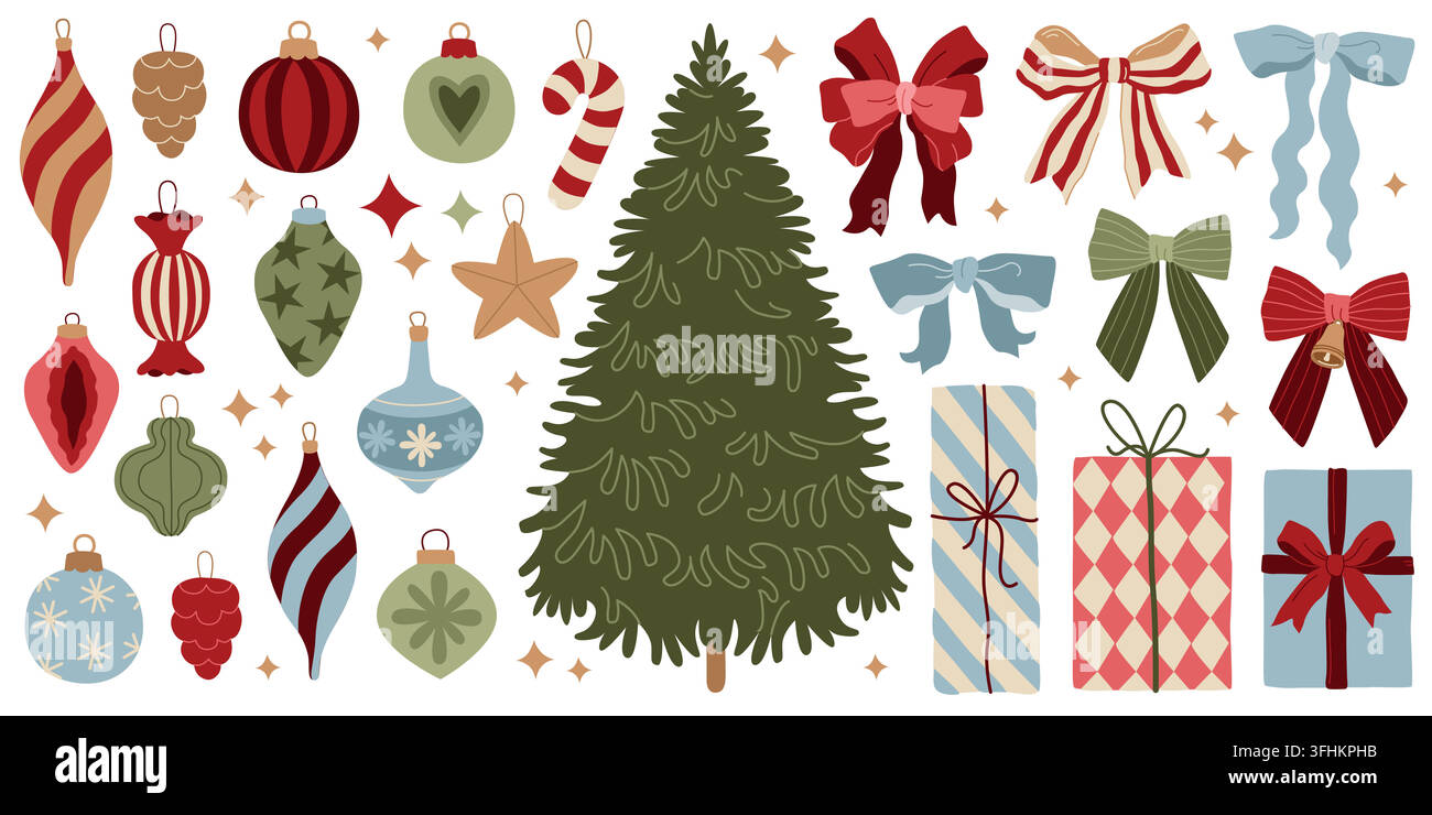 Constructeur de sapin de Noël dessiné à la main, pin, boules vintage, nœuds décoratifs festifs et cadeaux pour créer votre propre design Illustration de Vecteur