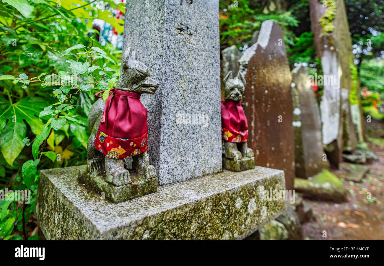 Deux statues de renards Inari en pierre flanquent un monument en pierre dans un sous-autel situé sur les terrains du sanctuaire d'Osugi, chacun vêtu d'un bavoir rouge. Dans la tradition shintoïste, Banque D'Images