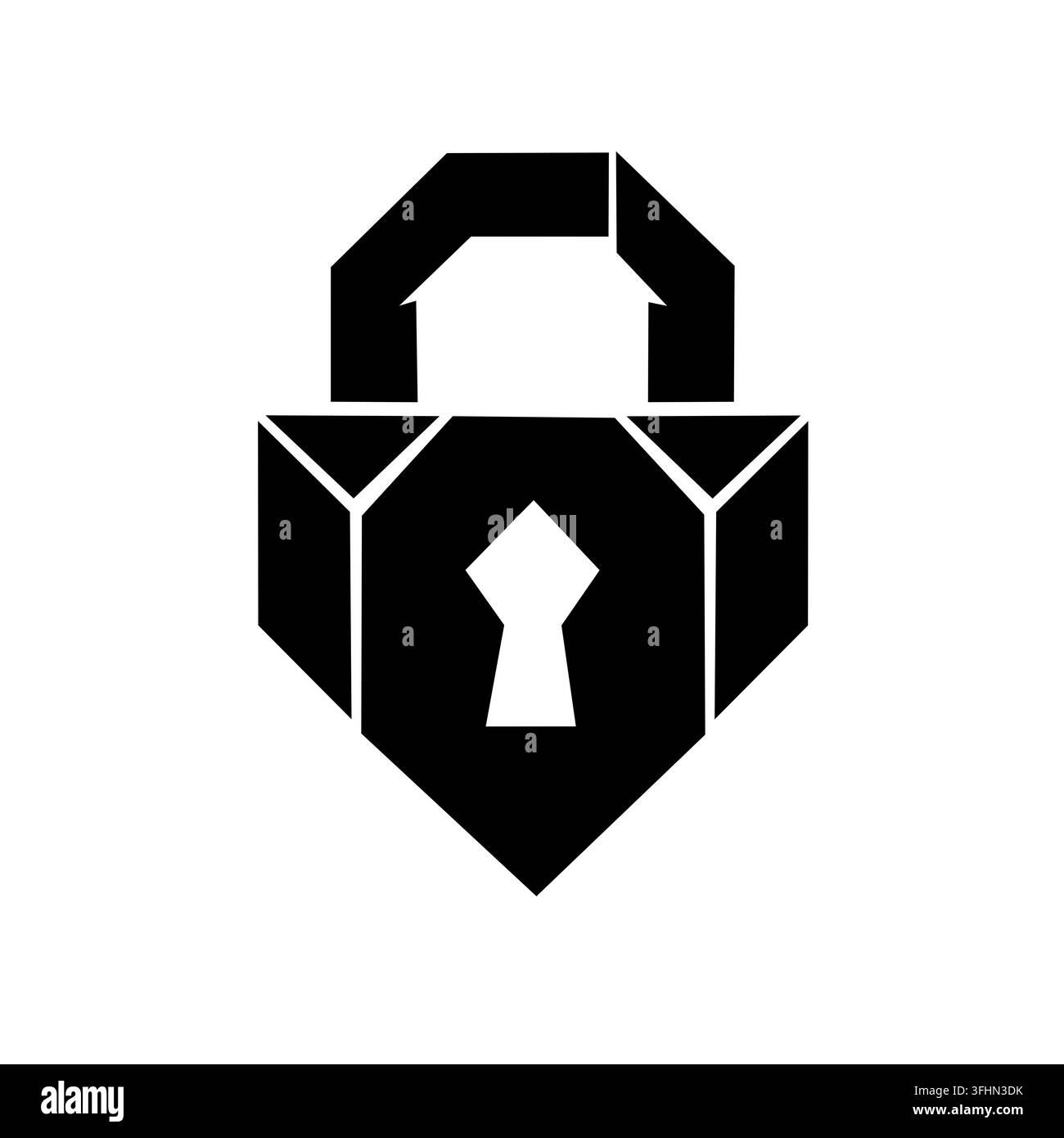 Illustration audacieuse et angulaire en noir et blanc d'un cadenas fermé avec une serrure centrale, représentant la sécurité, la confidentialité et la protection des données. Banque D'Images
