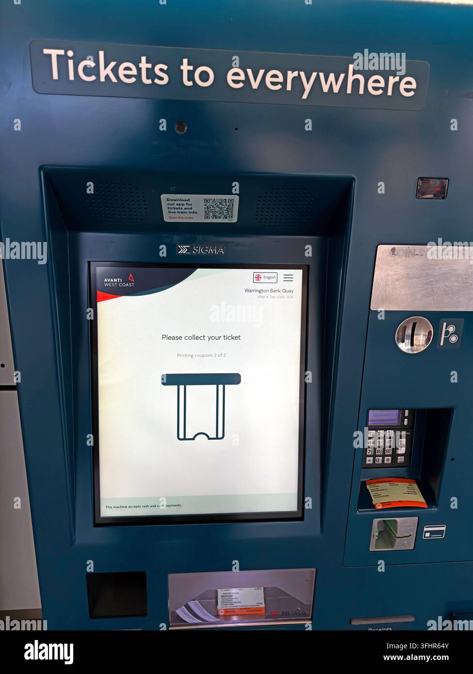 Distributeur de billets de train en libre-service Avanti West Coast à la gare de Warrington Bank Quay, Cheshire, avant la fin du contrat et le rebranding à partir de mar2027 Banque D'Images