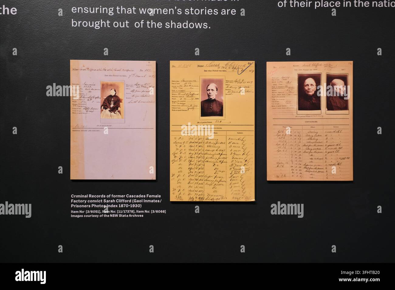 Dossiers pénitentiaires en papier avec crimes et photos d'identité. À la prison pour femmes, Cascades Female Factory Historic site à Hobart, Tasmanie, Australie. Banque D'Images
