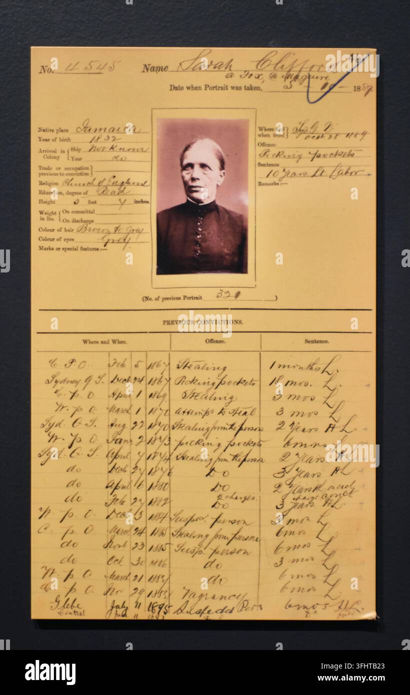 Enregistrement d'un condamné avec photo d'identité judiciaire et délit de vol. À la prison pour femmes, Cascades Female Factory Historic Site à Hobart, Tasmanie, Australie. Banque D'Images