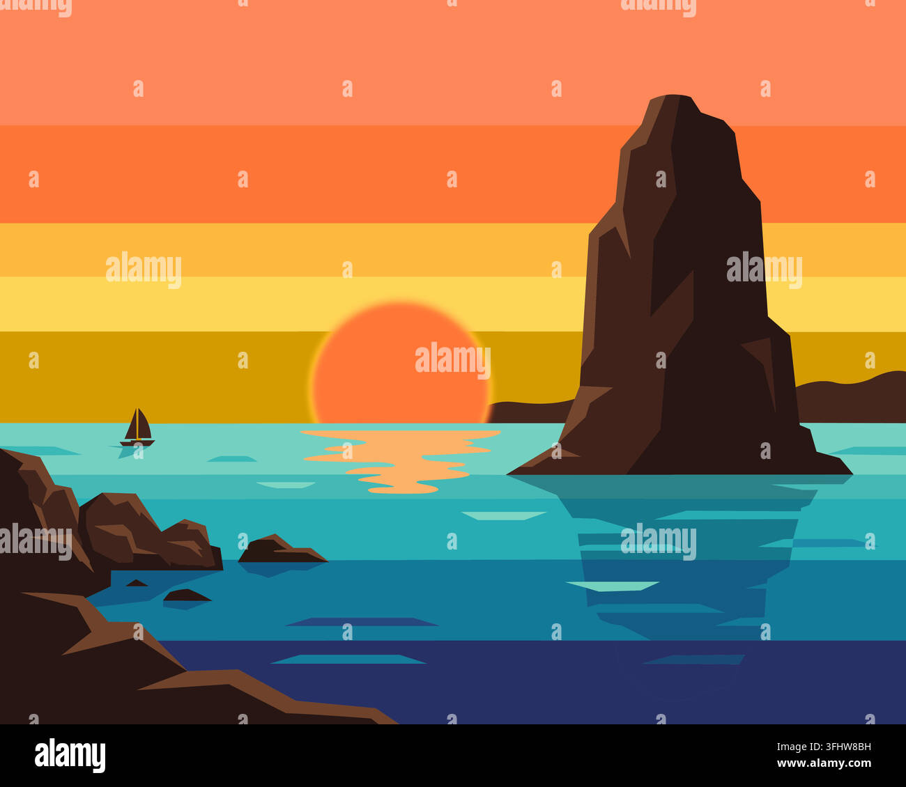 Illustration vectorielle minimaliste d'un coucher de soleil sur l'océan avec une grande formation rocheuse de falaises maritimes et un petit voilier Illustration de Vecteur