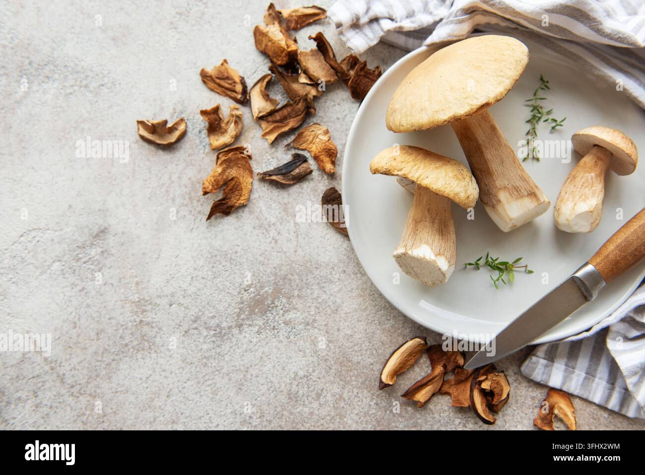 Champignons porcini frais sur assiette avec champignons séchés et couteau, prêts pour la cuisson Banque D'Images