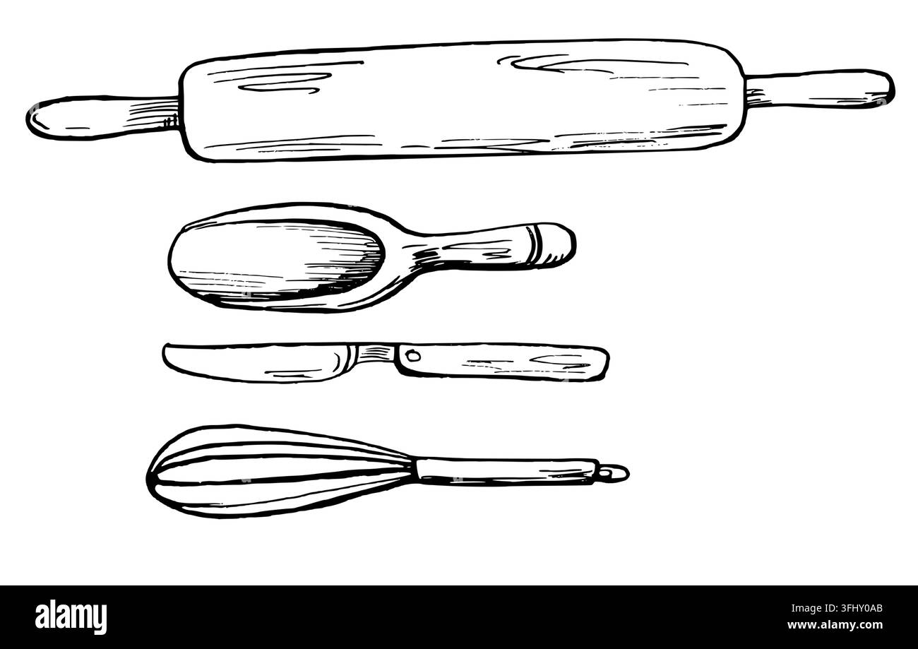 Illustration vectorielle d'outils de cuisine : rouleau à pâtisserie, cuillère en bois, couteau et fouet. Convient pour boulangerie, restaurant, école culinaire, blog culinaire et Illustration de Vecteur