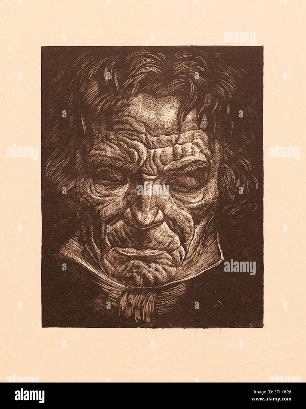 Władysław Skoczylas (polonais : 1883-1934) - Beethoven - 1929 - Ludwig van Beethoven - L'impression utilise des lignes fortes et sculptées ainsi que des ombres profondes pour mettre en valeur les traits du visage intenses et marqués du compositeur. Banque D'Images