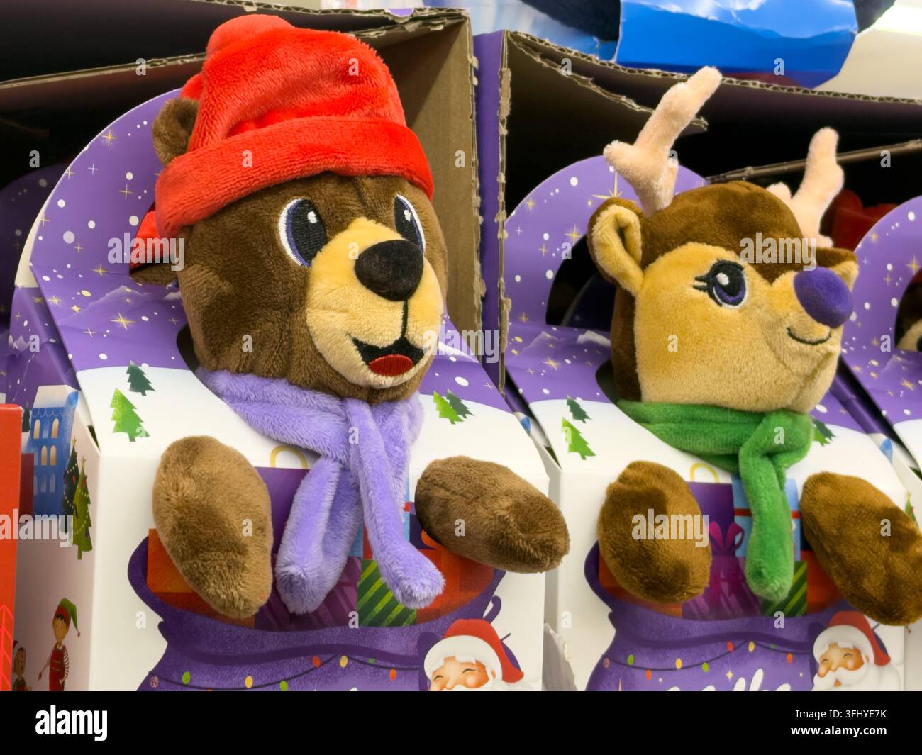 Szklarska Poręba, Pologne – 17 décembre 2025 : Des poupées d’animaux douces avec des bonnets et des écharpes d’hiver reposent dans des contenants en carton décoratifs comme des accessoires de saison joyeux Banque D'Images