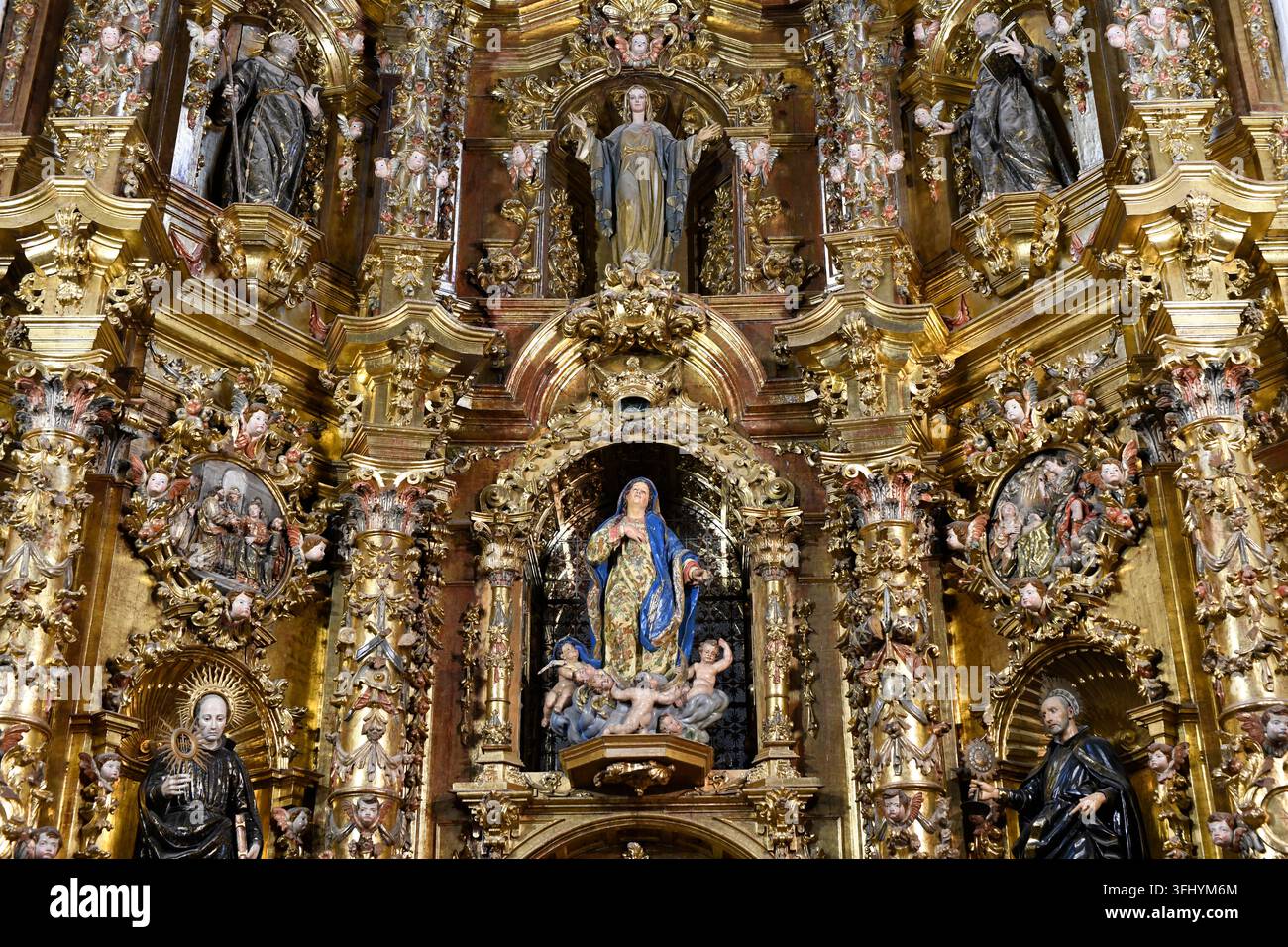Ville de Palencia, église San Francisco (gothique, Renaissance et Baroque, XIIIe-XVIIIe siècle). Maître-autel (Baroque, XVIIIe siècle). Castilla y León, Espagne Banque D'Images