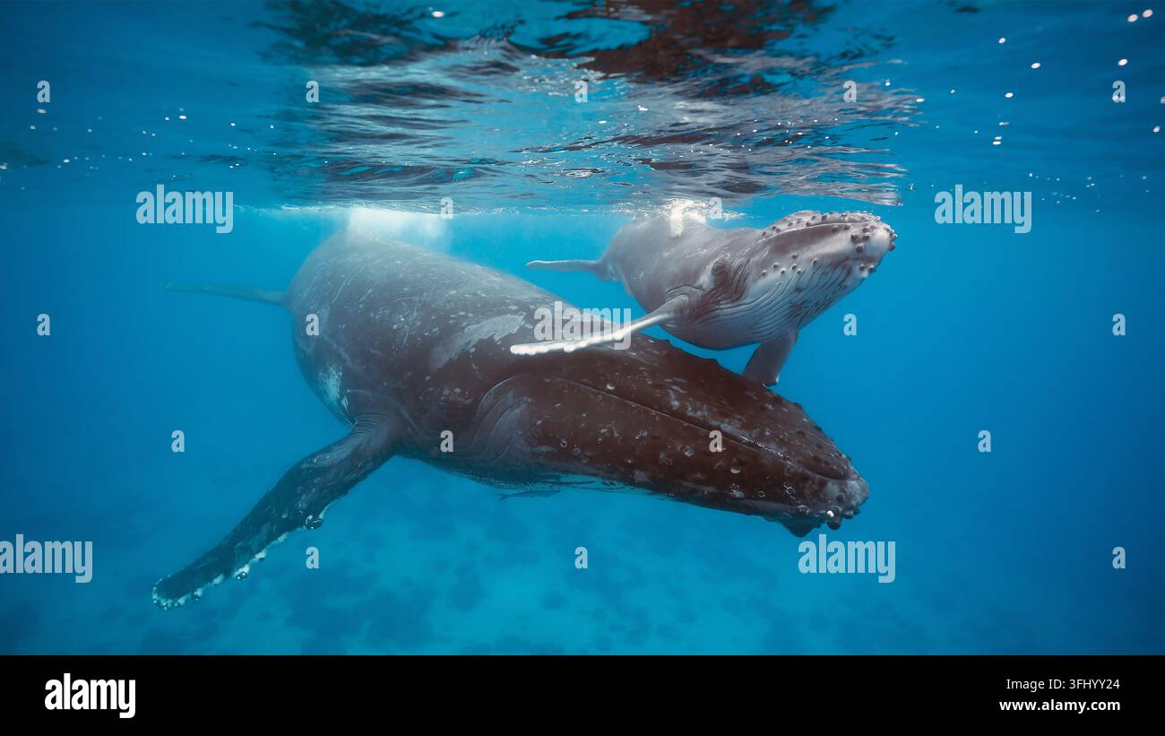 Une baleine à bosse femelle nageant de près avec son veau nouveau-né dans les eaux tropicales claires de Tonga, Pacifique Sud. Banque D'Images