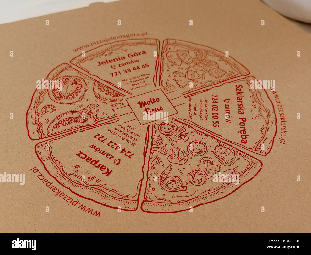 Szklarska Poręba, Pologne - 20 décembre 2025 : Boîte à pizza Molto Bene affichant un graphique illustré avec les détails de la commande et les informations de contact du restaurant Banque D'Images