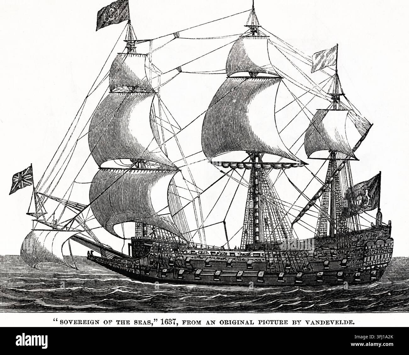 Le The Sovereign of the Seas de 1637, image originale par Vandevelde, architecture navale jusqu'au XIXe siècle, Amérique, illustration historique de 1872 Banque D'Images