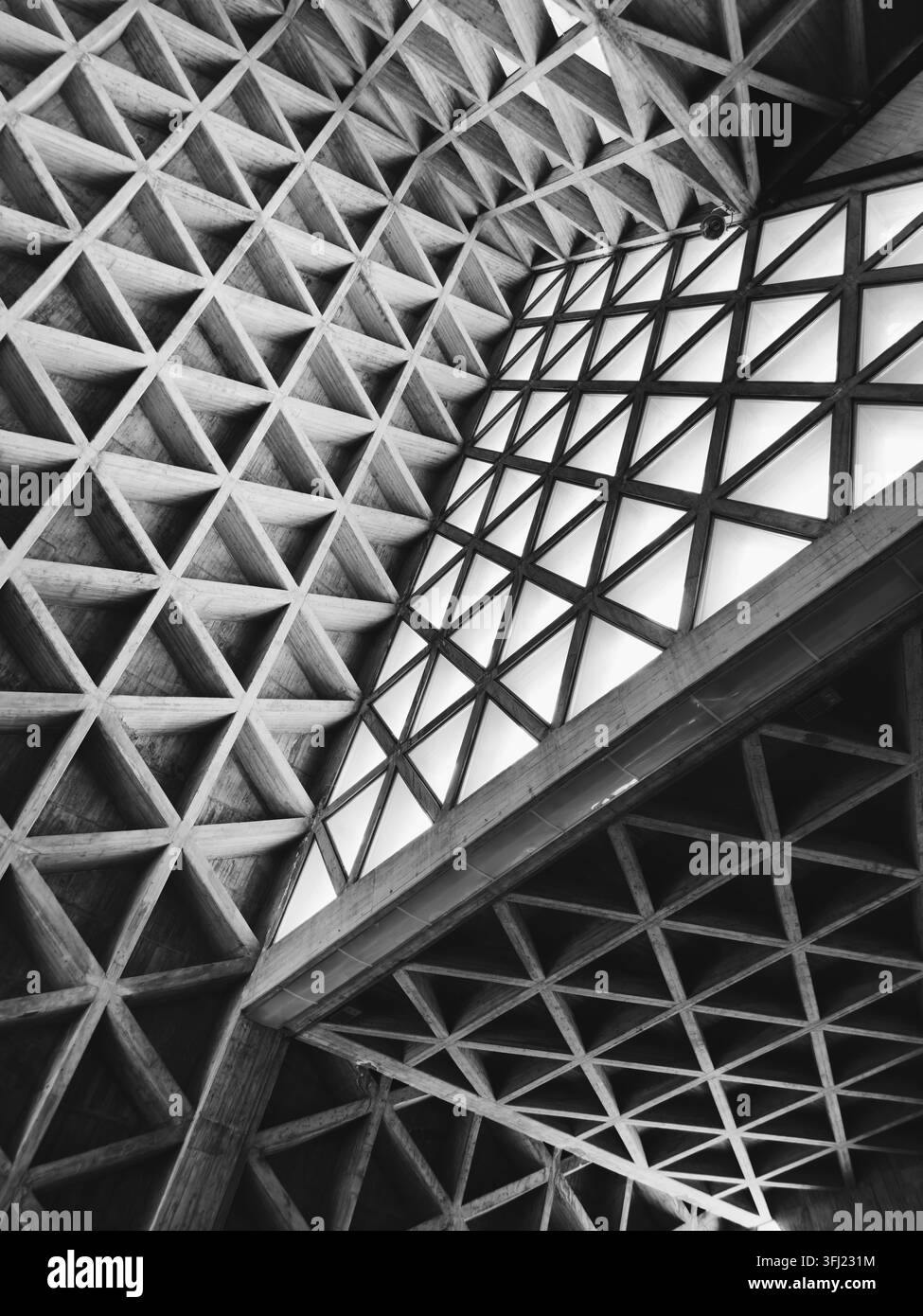 Motif de plafond géométrique en béton brutaliste en forme de triangle noir et blanc Banque D'Images