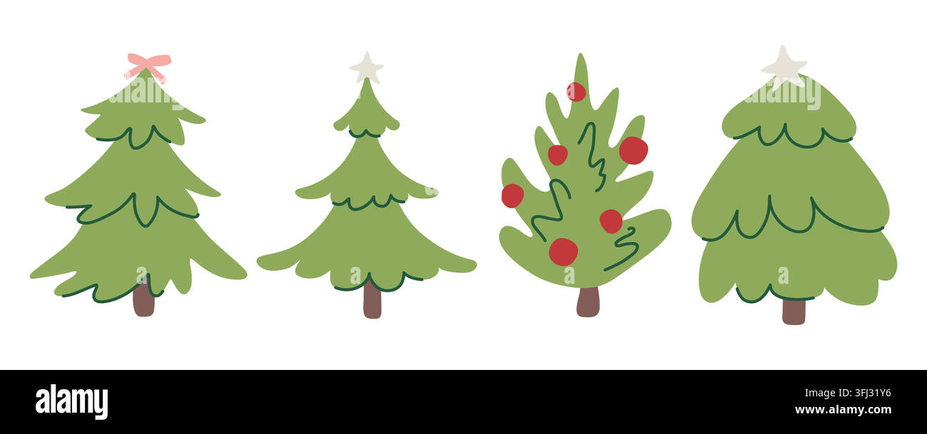 Ensemble de cliparts d'arbre de Noël dessiné à la main en vert pour la conception d'autocollants de vacances Illustration de Vecteur