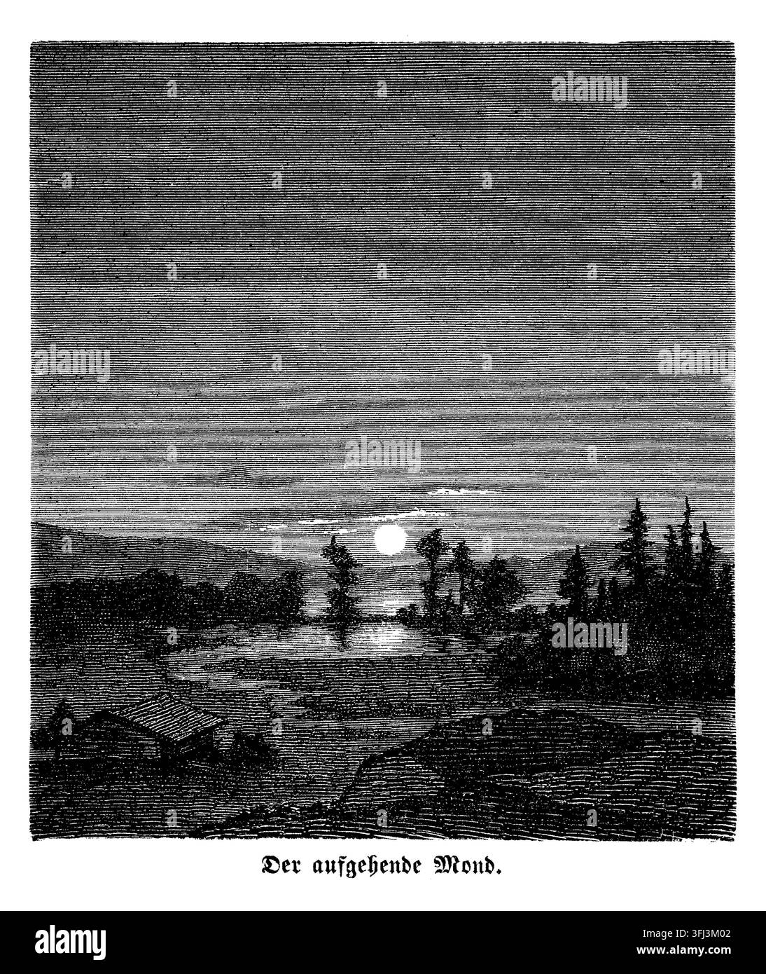 Vignette délicate de fin de chapitre du XIXe siècle montrant la lune montante se reflétant sur la surface calme d'un lac entouré de collines. La petite gravure en noir et blanc crée un paysage nocturne paisible avec la lumière de la lune scintillant sur l'eau. Une illustration décorative historique de livre combinant nature, paysage romantique et ornement typographique élégant de l'époque. Banque D'Images