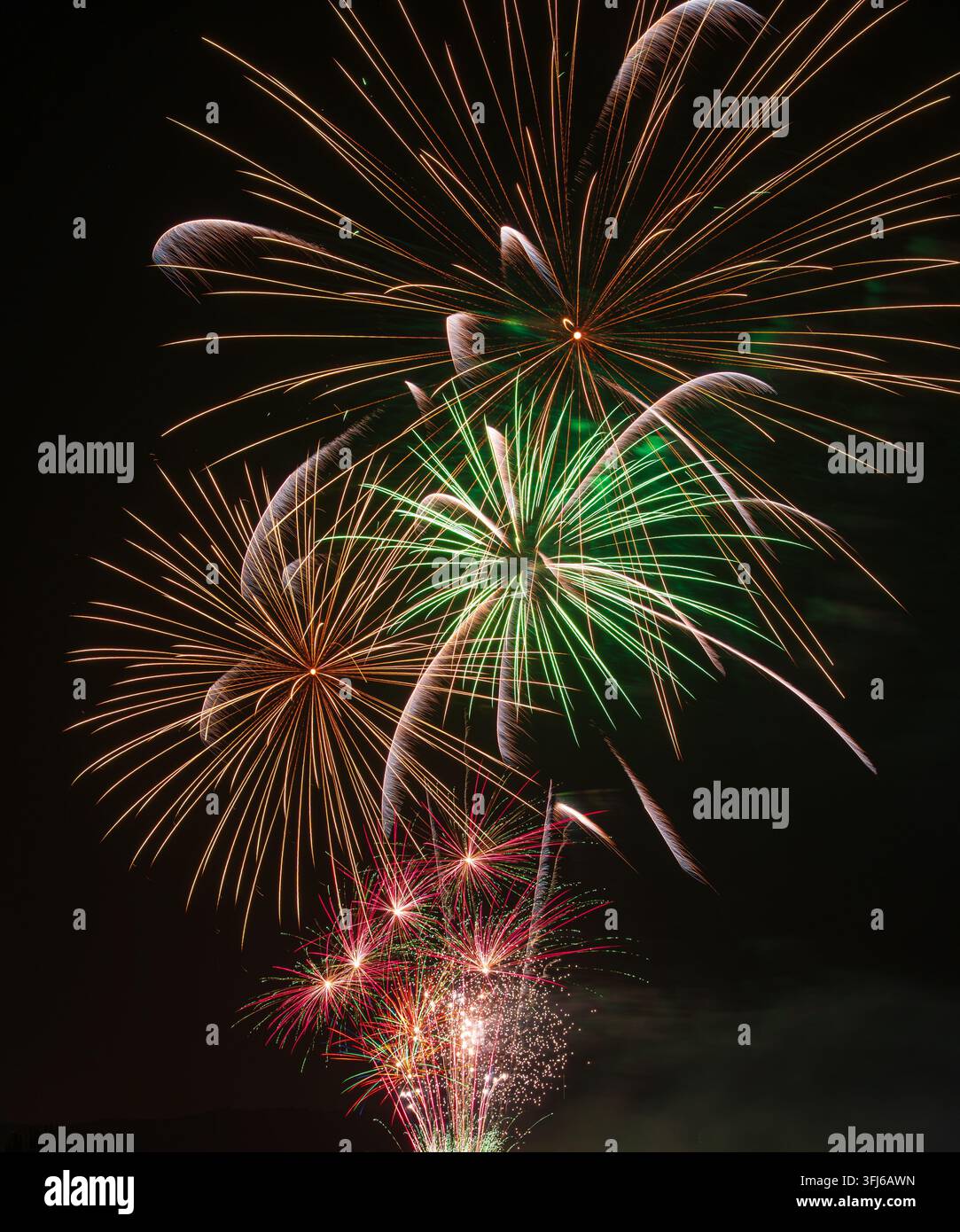 Les feux d'artifice dorés, verts et rouges créent des éclats élégants et des traînées de lumière étendues contre un ciel nocturne sombre. Banque D'Images