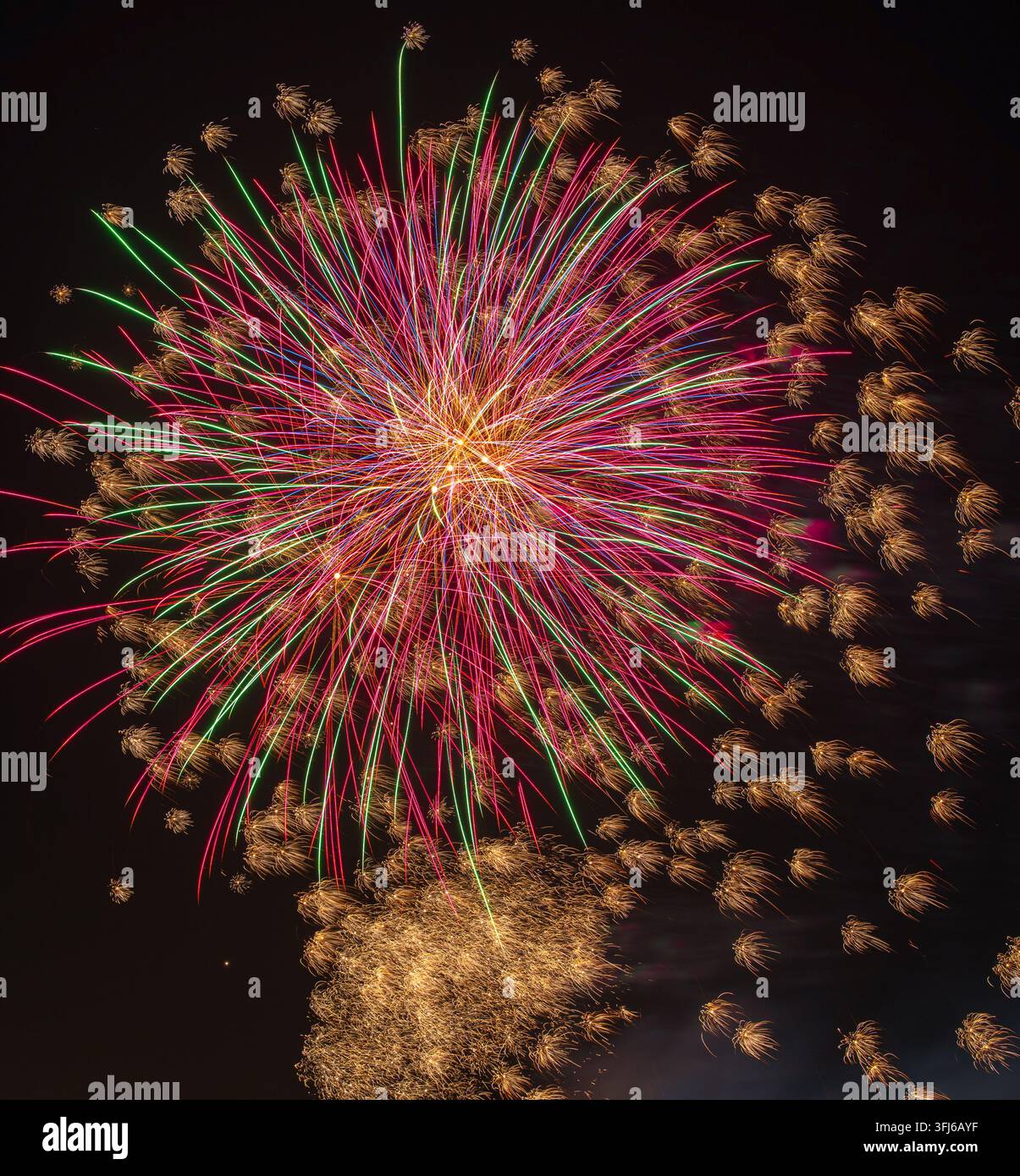 Des feux d'artifice rouges, verts et dorés vibrants créent des traînées de lumière complexes contre un ciel nocturne sombre. Banque D'Images
