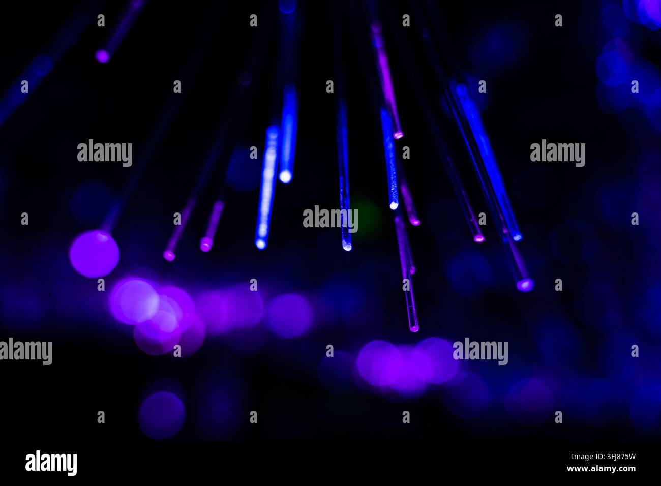 Lumières en fibre optique violet-bleu suspendues avec lumière et ombre en cascade Banque D'Images