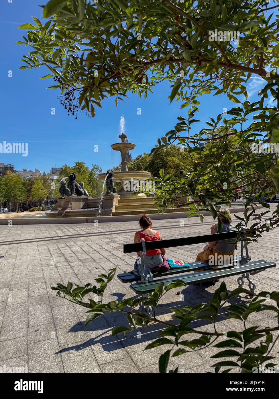 Paris, France, Scènes de rue, Place publique transformée écologiquement, Forêt urbaine, Personnes de dos, Assises sur un banc public Place Daumesnil Banque D'Images